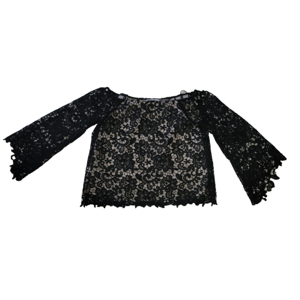 Alice+Olivia Prena Silk Blend Lace Trumpet Sleeve Top Black Size Small NWOT - Picture 9 of 15